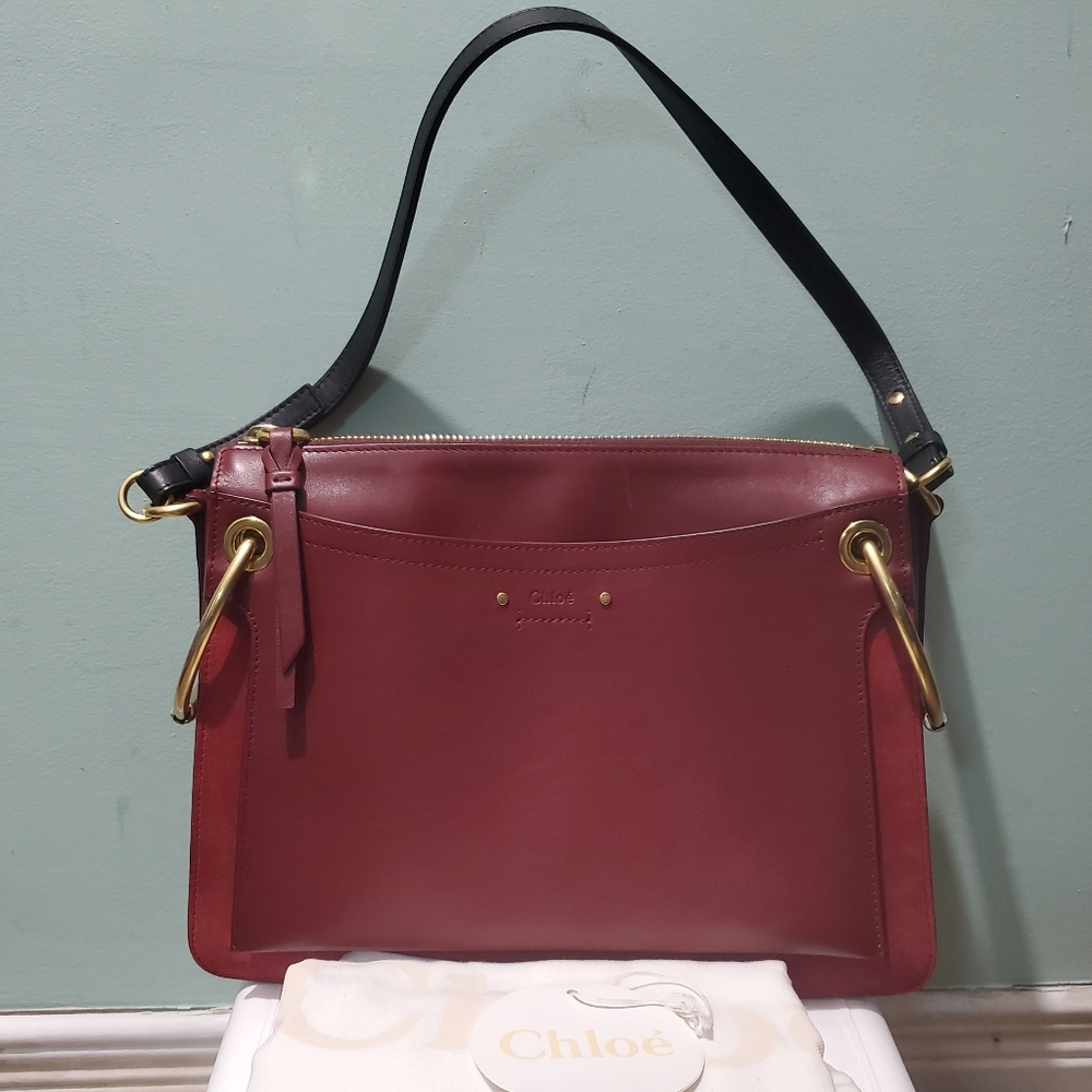 NWT CHLOÉ Medium Roy Red Plum Purple Suede Leather Black Strap Shoulder Bag - Picture 6 of 16